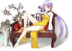 Rule 34 | absurdres, barefoot, blush, breasts, china dress, chinese clothes, clothes between thighs, dress, grimoire ~shiritsu grimoire mahou gakuen~, hand in own hair, highres, knee up, long hair, long sleeves, looking at viewer, medium breasts, muka tsuku, purple hair, sitting, smile, solo, thick eyebrows, very long hair, yellow dress, yellow eyes