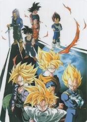 Rule 34 | 4boys, absurdres, alien, angry, armor, black hair, blonde hair, blue eyes, crossed arms, dragonball z, fire, fire, gloves, highres, jacket, looking at viewer, multiple boys, official art, planted, serious, son gohan, son goku, standing, super saiyan, sword, tagme, torn clothes, transformation, trunks (dragon ball), trunks (future) (dragon ball), vegeta, weapon