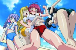 Rule 34 | 00s, 4girls, :d, :o, antenna hair, aoi anna, arched back, arm up, ass, bare legs, bent over, black hair, blonde hair, blouse, blue eyes, blue hair, blue shorts, blue sky, blush, breasts, building, buruma, butt crack, closed eyes, cloud, collarbone, expressionless, female focus, from behind, from below, fujimura shizuru, green buruma, grey eyes, hair between eyes, hair ornament, hair ribbon, hairband, hand under clothes, hand under shorts, hanging breasts, happy, hip focus, hug, hug from behind, kimura takahiro, kneepits, knees, leaning forward, legs, light purple hair, long hair, looking at viewer, looking back, looking down, lou roux, midriff, mira ackerman, multiple girls, navel, no bra, official art, official wallpaper, open hand, open mouth, orange eyes, outdoors, outstretched arm, outstretched arms, parted lips, print shirt, red hair, red shorts, ribbon, shinkon gattai godannar!!, shiny skin, shirt, short hair, short sleeves, shorts, sidelocks, sky, small breasts, smile, standing, surprised, thigh gap, thighs, trefoil, underboob, wallpaper, white shirt, yellow buruma, yellow shorts
