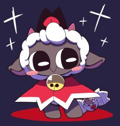 Rule 34 | 1boy, bell, blue background, blush stickers, cape, cult of the lamb, furry, furry male, highres, horns, lamb, neck bell, nettsuu, red cape, red crown (cult of the lamb), sheep, sheep horns, simple background, smile, the lamb (cult of the lamb), white fur, wool