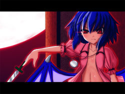 Rule 34 | 1girl, bad id, bad pixiv id, blue hair, fang, female focus, flat chest, knife, letterboxed, no bra, no headwear, open clothes, open shirt, pocket watch, red eyes, remilia scarlet, shirt, solo, touhou, watch, wings, yasha (artist), yasha (endless requiem)