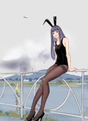 Rule 34 | 1girl, absurdres, animal ears, arm support, bare shoulders, black footwear, black hairband, black one-piece swimsuit, blue eyes, blue nails, blunt bangs, breasts, brown pantyhose, commentary request, full body, hairband, head tilt, heterochromia, high heels, highres, hime cut, hiramedousa, leotard, long hair, looking at viewer, mole, mole under eye, nail polish, on railing, one-piece swimsuit, open mouth, original, outdoors, pantyhose, pantyhose under swimsuit, pink eyes, playboy bunny, playboy bunny swimsuit, pumps, purple hair, rabbit ears, railing, school swimsuit, sidelocks, sitting, small breasts, smile, solo, swimsuit, teeth, thighband pantyhose, upper teeth only