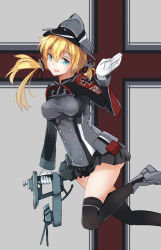 Rule 34 | 10s, 1girl, anchor hair ornament, black thighhighs, blonde hair, blue eyes, breasts, cannon, cross, gloves, gun, hair ornament, hat, iron cross, jacket, kantai collection, long hair, long sleeves, microskirt, military, military uniform, open mouth, peaked cap, prinz eugen (kancolle), skirt, smile, solo, terric, thighhighs, turret, twintails, uniform, weapon, white gloves