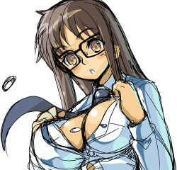 Rule 34 | 00s, 1girl, :o, akaga hirotaka, black hair, blush, breasts, bursting breasts, buttons, cleavage, glasses, huge breasts, large breasts, long hair, lowres, necktie, open clothes, open mouth, open shirt, popped button, read or die, shirt, sketch, solo, surprised, yellow eyes, yomiko readman