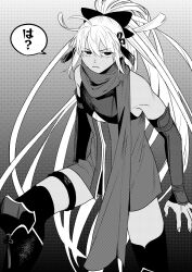 Rule 34 | 1other, armor, bare shoulders, bow, detached sleeves, fate/grand order, fate (series), flat chest, gradient background, greyscale, hair between eyes, hair bow, highres, jitome, long hair, looking at viewer, monochrome, noz 2to, parted lips, ponytail, rengoku (fate), scarf, solo, speech bubble, thighhighs