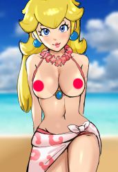 Rule 34 | 1girl, bare arms, bare shoulders, beach, bikini, blonde hair, blue eyes, blue sky, breasts, brooch, censored, censored nipples, closed mouth, cloud, collarbone, earrings, eyelashes, flower, flower necklace, highres, horizon, jewelry, large breasts, lips, long hair, looking at viewer, mario (series), navel, necklace, nintendo, pink bikini, pink flower, pink lips, princess peach, print sarong, sarong, sky, smile, solo, stomach, sunbeam (artist), super mario odyssey, swimsuit, tan, tanline, thick eyebrows, white sarong