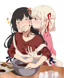 Rule 34 | 2girls, apron, black hair, blonde hair, blush, bowl, chocolate, chocolate making, collarbone, ear licking, food, food on face, frilled shirt, frills, grabbing, grabbing another&#039;s breast, hair ribbon, highres, holding, holding spatula, inoue takina, licking, long hair, low twintails, lycoris recoil, multiple girls, nishikigi chisato, one side up, open mouth, or2 (sahr7857), pink shirt, purple eyes, red eyes, red ribbon, red sweater, ribbon, shirt, short hair, simple background, sleeves past elbows, spatula, sweatdrop, sweater, tongue, tongue out, twintails, valentine, white apron, white background, yuri