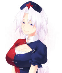 Rule 34 | 1girl, bad id, bad pixiv id, blue eyes, breasts, cleavage, cleavage cutout, clothing cutout, female focus, hat, kiri futoshi, large breasts, long hair, looking at viewer, nurse cap, parted bangs, simple background, smile, solo, touhou, upper body, white background, white hair, yagokoro eirin