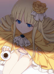 Rule 34 | 10s, 1girl, asteria lizamarie de roschefall, blonde hair, blue eyes, cup, dress, drink, flower, frills, from above, hair flower, hair ornament, jewelry, light smile, long hair, looking at viewer, looking up, open clothes, open dress, panties, rinne no lagrange, saipaco, shade, sitting, solo, teacup, thighs, underwear, white panties, yellow dress