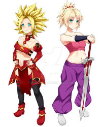 Rule 34 | 10s, 2girls, baggy pants, bandeau, bare shoulders, black legwear, blonde hair, bracer, breasts, caulifla, caulifla (cosplay), choker, clarent (fate), cleavage, collarbone, cosplay, costume switch, crossover, detached collar, detached sleeves, dragon ball, dragon ball super, fate/apocrypha, fate/grand order, fate (series), full body, green eyes, grin, hair ornament, hair scrunchie, hands on own hips, high heels, holding, holding hands, holding sword, holding weapon, looking at viewer, medium breasts, medium hair, midriff, mordred (fate), mordred (fate) (cosplay), mordred (fate/apocrypha), multiple girls, navel, pants, pelvic curtain, ponytail, raised eyebrow, red footwear, scrunchie, sideboob, simple background, sleeveless, smile, spiked hair, strapless, super saiyan, super saiyan 1, sword, underboob, vambraces, weapon, white footwear, wristband