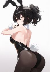 Rule 34 | 1girl, :/, animal ears, ass, backless leotard, black hair, black leotard, black pantyhose, blush, breasts, bright pupils, brown eyes, closed mouth, detached collar, double-parted bangs, fake animal ears, fake tail, hair between eyes, hair intakes, hair ornament, hand up, highleg, highleg leotard, highres, koahri, large breasts, leotard, looking at viewer, original, pantyhose, playboy bunny, ponytail, rabbit ears, rabbit tail, raised eyebrow, second-party source, side-tie leotard, simple background, solo, strapless, strapless leotard, tail, turning head, white background, white pupils, white wrist cuffs, wrist cuffs, x hair ornament