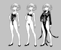 Rule 34 | :/, bra, breasts, censored, character sheet, covered navel, curly hair, dress, full body, fumitan (humitan), greyscale, hand on own hip, high heels, highleg, highleg leotard, highres, leotard, lingerie, looking at viewer, monochrome, multiple views, navel, novelty censor, one-punch man, pasties, short hair, simple background, small breasts, tatsumaki, thong leotard, underwear, wide hips, x-ray