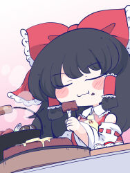 Rule 34 | 1girl, ascot, bare shoulders, black hair, blush stickers, bow, chahan (fried rice0614), closed eyes, closed mouth, detached sleeves, eating, food, food on face, hair bow, hair tubes, hakurei reimu, highres, holding, japanese clothes, long hair, nontraditional miko, red bow, ribbon-trimmed sleeves, ribbon trim, sidelocks, solo, touhou, white sleeves, wide sleeves, yellow ascot
