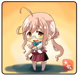 Rule 34 | 1girl, :d, ahoge, aqua bow, aqua bowtie, artist name, blazer, blush, boots, bow, bowtie, buttons, chibi, commentary request, cross-laced footwear, double bun, full body, glasses, grey thighhighs, hair bun, jacket, kantai collection, lace-up boots, long hair, long sleeves, makigumo (kancolle), open mouth, pink hair, school uniform, shirt, sleeves past wrists, smile, solo, standing, taisa (kari), thighhighs, twintails, white shirt, yellow eyes