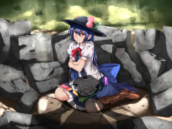 Rule 34 | 1girl, 3:, blue hair, blush, boots, broken ground, brown footwear, butter curry, collared shirt, commentary, dress, food, food on head, fruit, fruit on head, hakurei reimu, hat, hinanawi tenshi, knee boots, long hair, object on head, peach, red eyes, rock, self hug, shadow, shirt, silhouette, sitting, skirt, solo focus, tears, touhou, very long hair