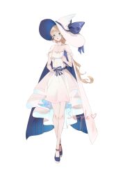 Rule 34 | 1girl, asona, bare shoulders, blonde hair, blue bow, blue footwear, blue ribbon, bow, breasts, cape, chinese commentary, cleavage, closed mouth, collarbone, commentary request, dress, full body, green eyes, hat, hat bow, heart, long hair, looking at viewer, medium breasts, original, ribbon, sample watermark, short sleeves, simple background, solo, spaghetti strap, standing, starry sky print, tachi-e, two-sided cape, two-sided fabric, very long hair, watermark, white background, white cape, white dress, white hat, witch, witch hat