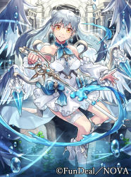 Rule 34 | 1girl, angel, angel wings, arch, blue neckwear, company name, copyright name, dress, earrings, holding, holding sword, holding weapon, indoors, jewelry, neko miya, nova (tcg), official art, silver hair, solo, sword, twintails, weapon, white dress, wings, yellow eyes
