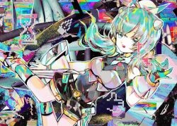 Rule 34 | 1girl, abstract background, ahoge, arm at side, bandeau, belt, black belt, black leotard, black shorts, blue eyes, breasts, cable, collage background, cursor, full body, gloves, green hair, grey bandeau, hand up, headgear, highres, hourglass, indie virtual youtuber, itopoid, large breasts, leotard, loading icon, long hair, looking at viewer, low twintails, multicolored socks, open mouth, outline, photo background, pixelated, puffy shorts, short shorts, shorts, sleeveless, solo, thumbs up emoji, tsukamoto anabone, twintails, virtual youtuber