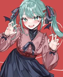 Rule 34 | 1girl, blush, claw pose, commentary, cowboy shot, fangs, hair ornament, hatsune miku, heart, highres, jewelry, leaning forward, long hair, long sleeves, looking at viewer, mask, mouth mask, open mouth, red background, ribbon, shirt, skirt, smile, solo, twintails, vampire (vocaloid), vocaloid, zzinbbang