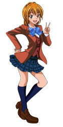 Rule 34 | 00s, 1girl, arudebido, blazer, blue bow, bow, bowtie, brown eyes, brown hair, eyelashes, full body, futari wa precure, happy, jacket, looking at viewer, misumi nagisa, open mouth, pleated skirt, precure, school uniform, shirt, shoes, short hair, simple background, skirt, smile, socks, solo, standing, v, white background
