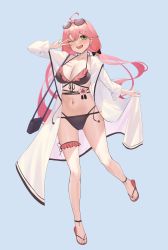 Rule 34 | 1girl, ;d, absurdres, ahoge, bad id, bad pixiv id, bag, bikini, black bikini, blue background, blush, breasts, cleavage, coat, eyewear on head, flip-flops, flower, full body, green eyes, hair between eyes, hair flower, hair ornament, highres, hololive, jmao, large breasts, long hair, long sleeves, looking at viewer, navel, one eye closed, open clothes, open coat, open mouth, pink hair, sakura miko, sandals, shoulder bag, simple background, smile, stomach, sunglasses, swimsuit, toes, twintails, v, very long hair, virtual youtuber, white coat