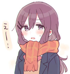 1girl, adachi to shimamura, bangs, black jacket, blazer, blush, brown hair, brown scarf, brown sweater, eyebrows visible through hair, fringe trim, hair between eyes, hair ornament, hairclip, highres, jacket, long hair, looking at viewer, open blazer, open clothes, open jacket, parted lips, purple eyes, scarf, school uniform, shimamura hougetsu, solo, sorimachi-doufu, sweater, translation request, upper body, very long hair, white background