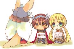 Rule 34 | 1boy, 2girls, :|, animal ears, bad id, bad twitter id, blonde hair, blue eyes, blush, brown hair, cape, closed mouth, ears through headwear, facial mark, furry, gloves, green eyes, hair between eyes, jacket, long hair, made in abyss, multicolored eyes, multiple girls, nanachi (made in abyss), nekotorina, pants, pet shaming, red eyes, regu (made in abyss), riko (made in abyss), sign, sign around neck, simple background, sitting, standing, tail, translation request, wariza, white background, white hair