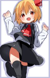 Rule 34 | 1girl, :o, ascot, atage, bad id, bad twitter id, black thighhighs, blonde hair, blush, dress, fang, hair ribbon, inactive account, looking at viewer, red eyes, ribbon, rumia, short hair, simple background, solo, thighhighs, touhou, white background