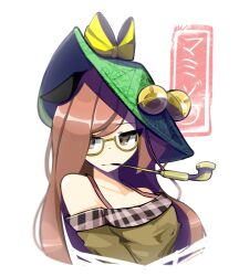 Rule 34 | 1girl, bell, breasts, brown hair, cigarette, futatsuiwa mamizou, glasses, hat, highres, japanese text, kaliningradg, long hair, medium breasts, solo, touhou, upper body, white background