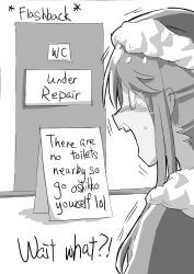 Rule 34 | 1girl, absurdres, bad id, bad pixiv id, blush, christmas, door, english text, female focus, flashback, fur-trimmed headwear, fur trim, greyscale, hat, have to pee, highres, indoors, long hair, monochrome, nose blush, o o, open mouth, original, rune (dualhart), santa hat, sign, solo, surprised, sweat, talking, teeth, text focus, trembling