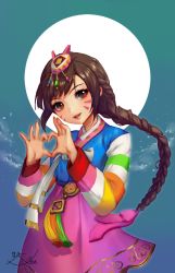 Rule 34 | 11ama, 1girl, 2017, alternate hairstyle, artist name, bow, braid, brown eyes, brown hair, cowboy shot, d.va (overwatch), dated, eyelashes, facial mark, fingers together, full moon, hair bow, hair ornament, hanbok, heart, heart hands, korean clothes, lips, long hair, long sleeves, looking at viewer, md5 mismatch, moon, multicolored stripes, official alternate costume, overwatch, overwatch 1, palanquin d.va, parted lips, pink lips, pink skirt, purple bow, rabbit hair ornament, resolution mismatch, signature, skirt, solo, source larger, striped, striped sleeves, tassel, whisker markings