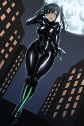 Rule 34 | 1girl, ayuayu (shouyu no sato), black bodysuit, bodysuit, breasts, cameltoe, covered navel, d.gray-man, gluteal fold, green hair, impossible bodysuit, impossible clothes, large breasts, latex, latex bodysuit, lenalee lee, looking at viewer, outstretched arm, purple eyes, shiny clothes, skin tight, solo, standing, thigh gap, twintails