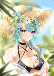 Rule 34 | 1girl, absurdres, alternate costume, arm under breasts, artist name, bai fan pwr, bikini, black bikini, black hair, blue hair, blurry, blurry background, blush, breasts, chinese commentary, cleavage, collarbone, commentary request, criss-cross halter, eula (genshin impact), flower ornament, genshin impact, halterneck, hand on own chest, hand up, hat, hat ornament, highres, jacket, jewelry, looking at viewer, medium breasts, medium hair, multi-strapped bikini top, parted lips, purple eyes, ring, see-through, see-through jacket, solo, straw hat, swimsuit, tree, two-tone eyes, upper body, wet, yellow eyes
