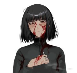Rule 34 | 1girl, black hair, blood, blood on clothes, blood on face, blood on hands, bob cut, cigarette, closed mouth, highres, holding, holding cigarette, limbus company, looking at viewer, na-gyou (nunumaru), project moon, red eyes, ryoshu (project moon), short hair, simple background, solo, upper body, white background
