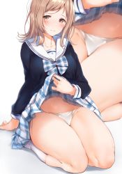 Rule 34 | 1girl, blue shirt, blush, bow, bowtie, breasts, brown eyes, closed mouth, clothes lift, hechi (hechi322), highres, idolmaster, idolmaster shiny colors, kneehighs, lifting own clothes, light brown hair, long hair, long sleeves, looking at viewer, multiple views, panties, plaid, plaid neckwear, plaid skirt, pleated skirt, sailor collar, sakuragi mano, seiza, shirt, sitting, skirt, skirt lift, socks, swept bangs, thighs, underwear, white background, white panties, white sailor collar, white socks