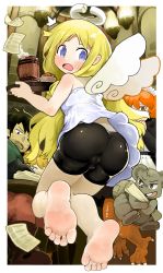 Rule 34 | 1other, 2boys, absurdres, bare shoulders, barefoot, bike shorts, black hair, blonde hair, blue eyes, blush, bulge, crimvael, dress, feet, foot focus, from behind, halo, highres, ishuzoku reviewers, long hair, looking back, menthako, multiple boys, open mouth, short hair, shorts, soles, stunk, sweatdrop, toes, white dress, wings, zel (ishuzoku reviewers)
