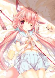 Rule 34 | 1girl, amamiya aki, animal ear fluff, animal ears, bed sheet, blush, breasts, chestnut mouth, flute, fox ears, fox tail, hair ornament, hair scrunchie, hairclip, holding, holding flute, holding instrument, instrument, long hair, looking at viewer, lying, midriff, navel, neckerchief, on back, on bed, one eye closed, open mouth, original, p19, pink hair, pleated skirt, polka dot, pouch, recorder, red eyes, school uniform, scrunchie, serafuku, short sleeves, skirt, small breasts, solo, stuffed animal, stuffed sheep, stuffed toy, tail, twintails, virtual youtuber, x hair ornament