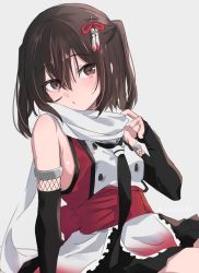 Rule 34 | 1girl, black gloves, black neckerchief, breasts, brown eyes, brown hair, elbow gloves, fingerless gloves, fishnets, gloves, grey background, hair between eyes, hair ornament, ica, jewelry, kantai collection, neckerchief, parted lips, ring, scarf, sendai (kancolle), sendai kai ni (kancolle), simple background, sleeveless, small breasts, solo, twitter username, two side up, white scarf