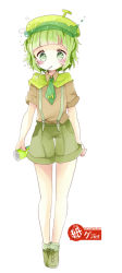 Rule 34 | 1girl, bad id, bad pixiv id, beret, blunt bangs, blush, brown shirt, can, collared shirt, food, fruit, full body, green eyes, green footwear, green hair, green hat, green necktie, green skirt, green socks, hat, holding, holding can, looking at viewer, melon, mouth hold, necktie, shirt, shoes, short hair, short sleeves, simple background, skirt, socks, solo, standing, suspender skirt, suspenders, tsukiyo (skymint), watermark, web address, white background