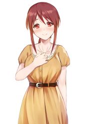 Rule 34 | 10s, 1girl, anti (0324), bead necklace, beads, belt, blush, breasts, brown dress, brown hair, closed mouth, commentary, cowboy shot, dress, hand on own chest, idolmaster, idolmaster cinderella girls, jewelry, light smile, looking at viewer, medium breasts, mifune miyu, necklace, ponytail, red eyes, short sleeves, sidelocks, simple background, smile, solo, white background
