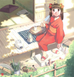 Rule 34 | 1girl, bamboo, blunt bangs, book, bow, brown eyes, brown hair, bucket, chabudai (table), cup, cushion, fence, from above, hair bow, hair ornament, hand fan, holding, incense, iuro, japanese clothes, kettle, kimono, looking up, obi, paper fan, plant, porch, potted plant, red bow, red kimono, sandals, sash, sitting, smile, solo, sunlight, table, tatami, twintails, uchiwa, veranda, yukata, yunomi, zabuton