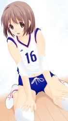 Rule 34 | 1girl, ankle socks, bad id, bad pixiv id, blue shorts, blush, brown eyes, brown hair, character request, clothes writing, copyright request, dedenden (pixiv30568724), drawstring, elbow pads, hands on own knees, highres, jersey, knee pads, kneeling, looking at viewer, midriff peek, mizuno (brand), navel, open mouth, shirt, shirt writing, shoes, short hair, shorts, smile, sneakers, socks, track uniform, white footwear, white shirt, white socks