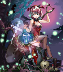 Rule 34 | 1girl, absurdres, animal, arm up, bare arms, bat (animal), bat wings, blue eyes, blue fire, boots, branch, breasts, chushengdao, cleavage, cross, dress, fire, fishnet thighhighs, fishnets, full body, halloween, head wings, highres, horns, lantern, looking at viewer, original, short hair, shovel, sitting, skull, solo, thighhighs, wings, worktool