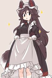 Rule 34 | 1girl, alternate costume, animal ear fluff, animal ears, apron, black dress, blush, brown hair, buttons, clothes lift, collared dress, dress, dress lift, enmaided, feet out of frame, frilled apron, frilled dress, frills, grey background, hair between eyes, hat, highres, imaizumi kagerou, juliet sleeves, lifting own clothes, long hair, long sleeves, maid, maid apron, mob cap, motion lines, open mouth, puffy sleeves, simple background, solo, sparkle, tail, touhou, uisu (noguchipint), white apron, white hat, wolf ears, wolf tail