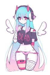 Rule 34 | 1girl, ariimaw, artist name, asymmetrical legwear, bandages, blue hair, bow, bow panties, detached wings, english text, expressionless, fishnets, gradient hair, hair between eyes, headphones, heart, heart print, highres, horns, inguinal groove, long hair, mismatched legwear, multicolored hair, oni horns, original, panties, pink eyes, pink hair, pink panties, red horns, shaii (ariimaw), sidelocks, solo, striped clothes, striped thighhighs, thighhighs, underwear, wings