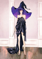 Rule 34 | 1girl, bare shoulders, black dress, black hat, chain, closed mouth, collarbone, commentary, dress, full body, genderswap, genderswap (mtf), gundam, gundam 00, hair between eyes, hat, highres, holding, holding wand, huangdanlan, indoors, jewelry, looking at viewer, medium hair, off-shoulder dress, off shoulder, purple hair, purple hat, red eyes, sandals, solo, standing, symbol-only commentary, tieria erde, two-tone headwear, wand, witch, witch hat