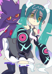 Rule 34 | absurdres, creatures (company), game freak, gen 4 pokemon, ghost miku (project voltage), glitch, hatsune miku, highres, long hair, mismagius, nintendo, pokemon, pokemon (creature), project voltage, sheyona, twintails, very long hair, vocaloid, yellow eyes