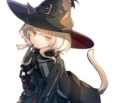 Rule 34 | 1girl, akahito (akaironotanin), animal ears, arknights, belt buckle, black dress, buckle, cat ears, cat tail, chain, collar, cuffs, dress, finger to mouth, gloves, hat, haze (arknights), platinum blonde hair, short hair, tail, witch hat