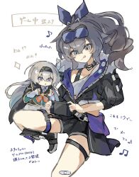 Rule 34 | 2girls, :o, :q, akizuwa, black hairband, black jacket, collared shirt, crop top, cropped jacket, drill hair, drill ponytail, eyewear on head, firefly (honkai: star rail), grey eyes, grey hair, hair between eyes, hairband, halterneck, handheld game console, highres, holding, holding handheld game console, honkai: star rail, honkai (series), jacket, long sleeves, midriff, multiple girls, open clothes, open jacket, ribbon, shirt, shorts, silver wolf (honkai: star rail), single-shoulder shirt, smile, tongue, tongue out, two-tone eyes