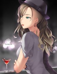 Rule 34 | 1girl, absurdres, alcohol, asymmetrical hair, black nails, black shirt, blue eyes, breasts, brown hair, cherry, city lights, earrings, fedora, food, from behind, fruit, grey shirt, hat, highres, jewelry, kopianget, light particles, lipstick, long hair, looking afar, makeup, nail polish, red lips, red lips, shaved head, shirt, short sleeves, solo, stacy (kopianget), stayblack, wine